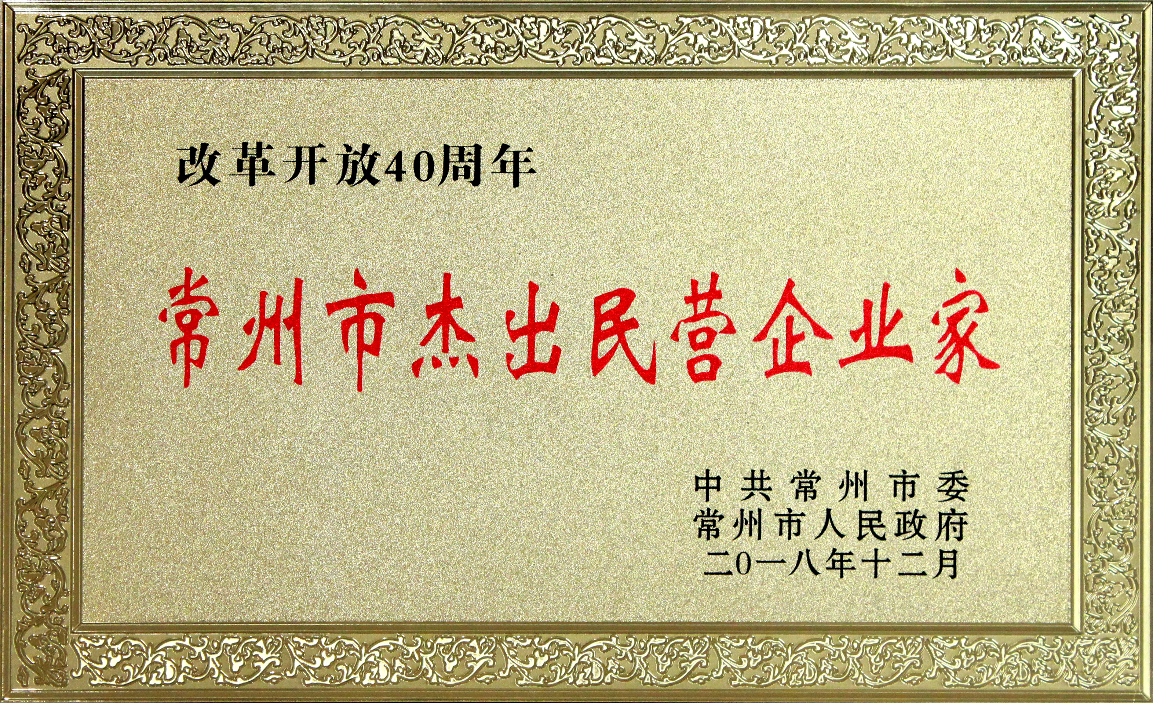 丁山華董事長獲評改革開放40周年“常州市杰出民營企業家”